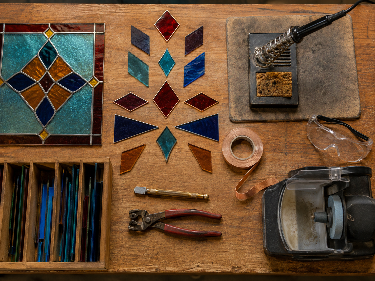 Organized stained-glass workbench with cutting, foiling, grinding and soldering tools